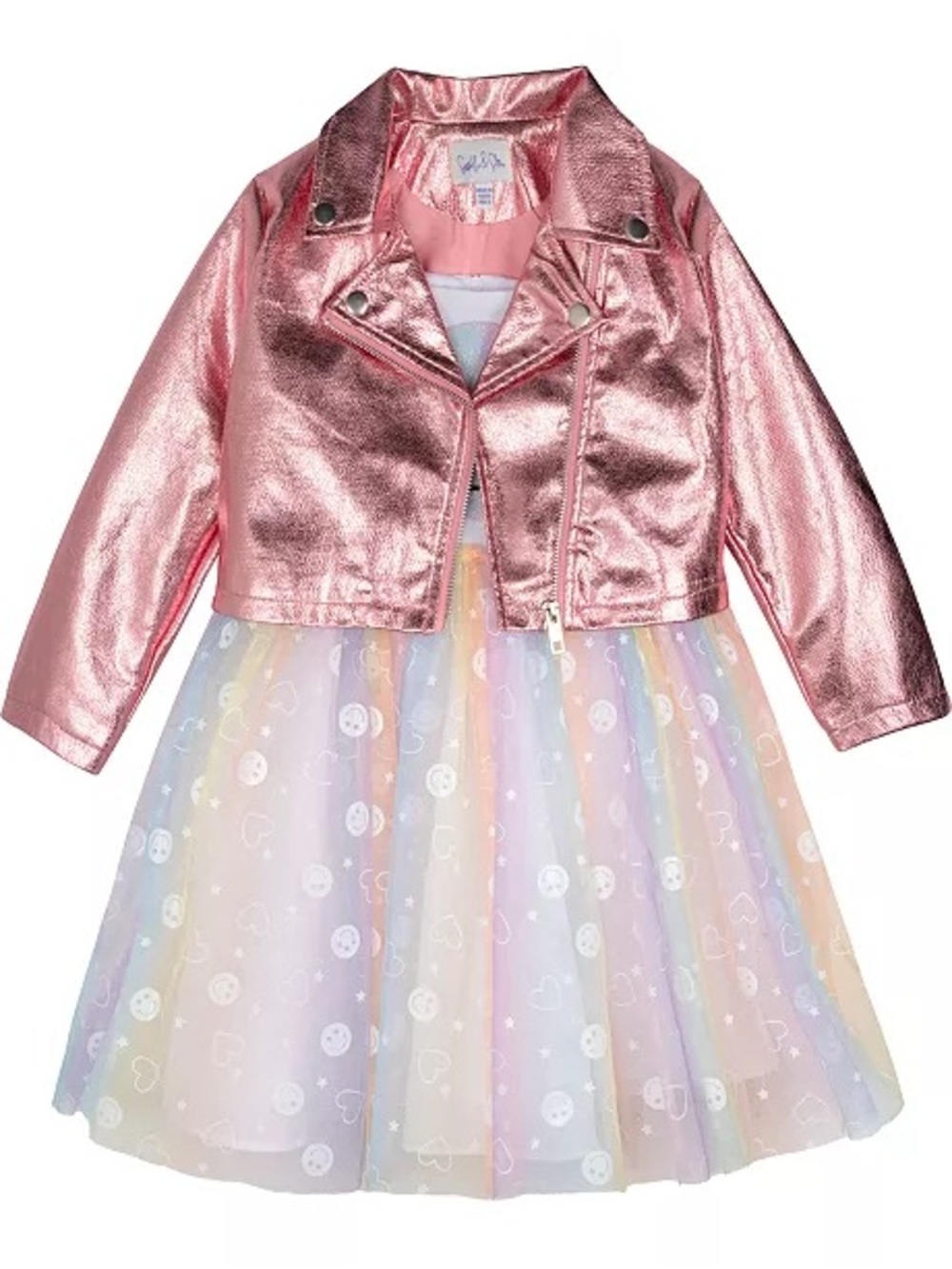 Sparkle & Shine Little Girls Smiley Face Mesh Dress & Metallic Moto Jacket, 2-Pc